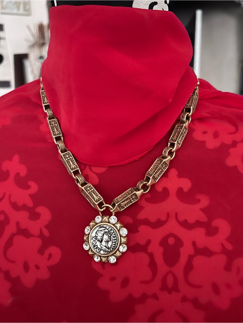 Gold-Tone Coin Pendant Necklace with Crystal Halo - Red - Picture 1 of 2
